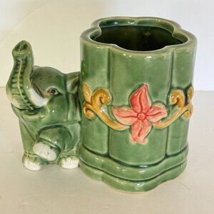 Vtg Green Ceramic Majolica Lucky Elephant Bamboo Foliage Planter Vase Holder